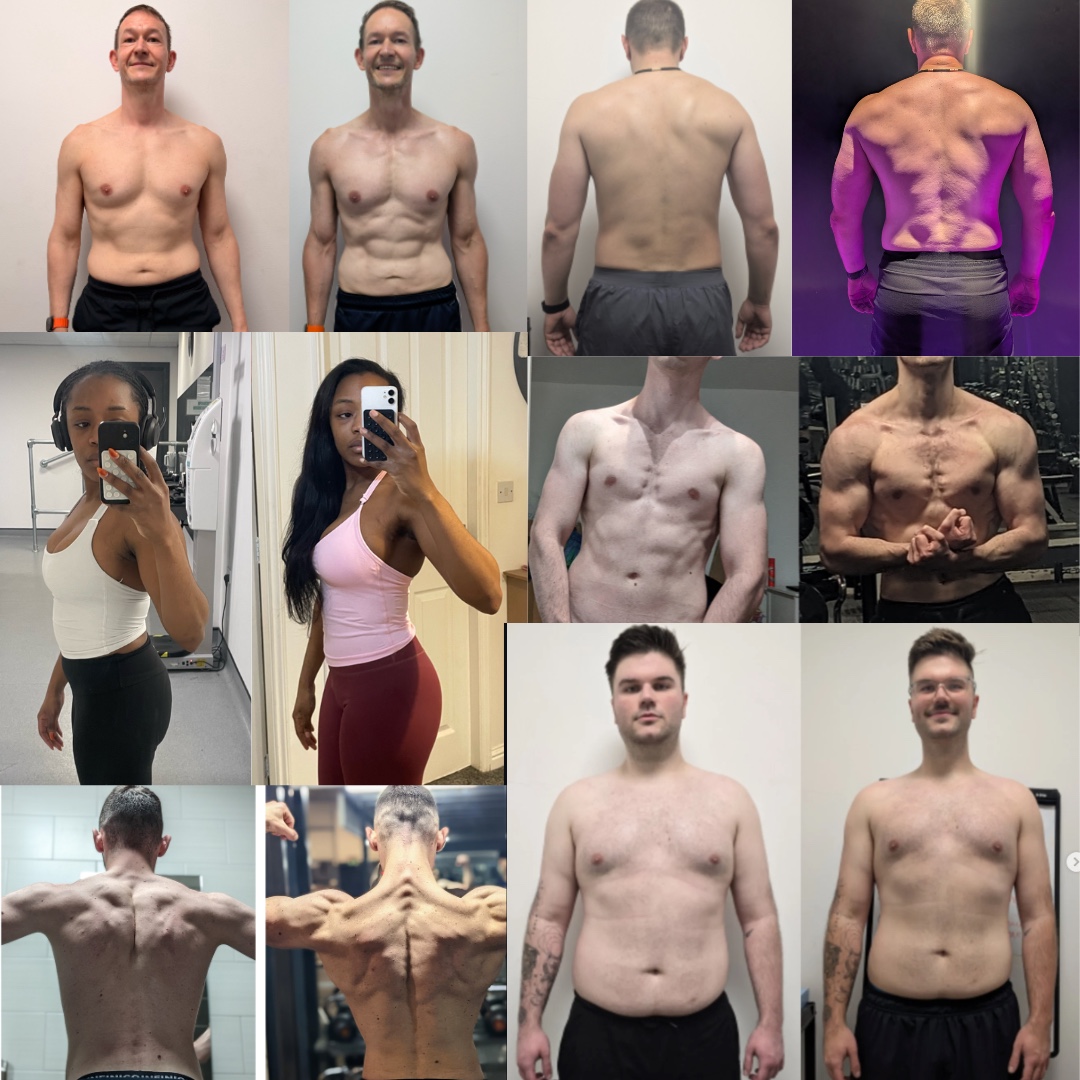 Before-and-after transformation photos of Triad Performance coaching clients